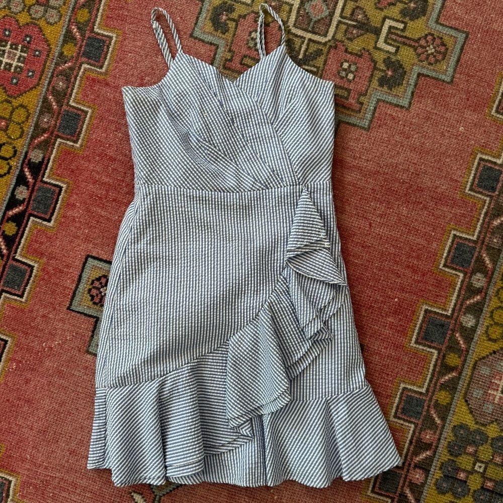 Youth Girl’s Blue & White Pinstripe Linen Style Ruffle Front Sundress Size 16